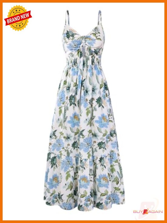 Dresses & Skirts - Women's Floral Maxi Dress V Neck Smocked Waist Sleeveless Beach Summer